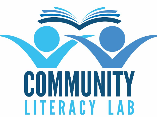 Community Literacy Lab logo in blue 2 people jpgs with a book